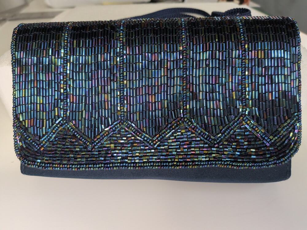 Vintage 70s-80s La Regale Navy Bugle Beaded Evening Clutch Bag